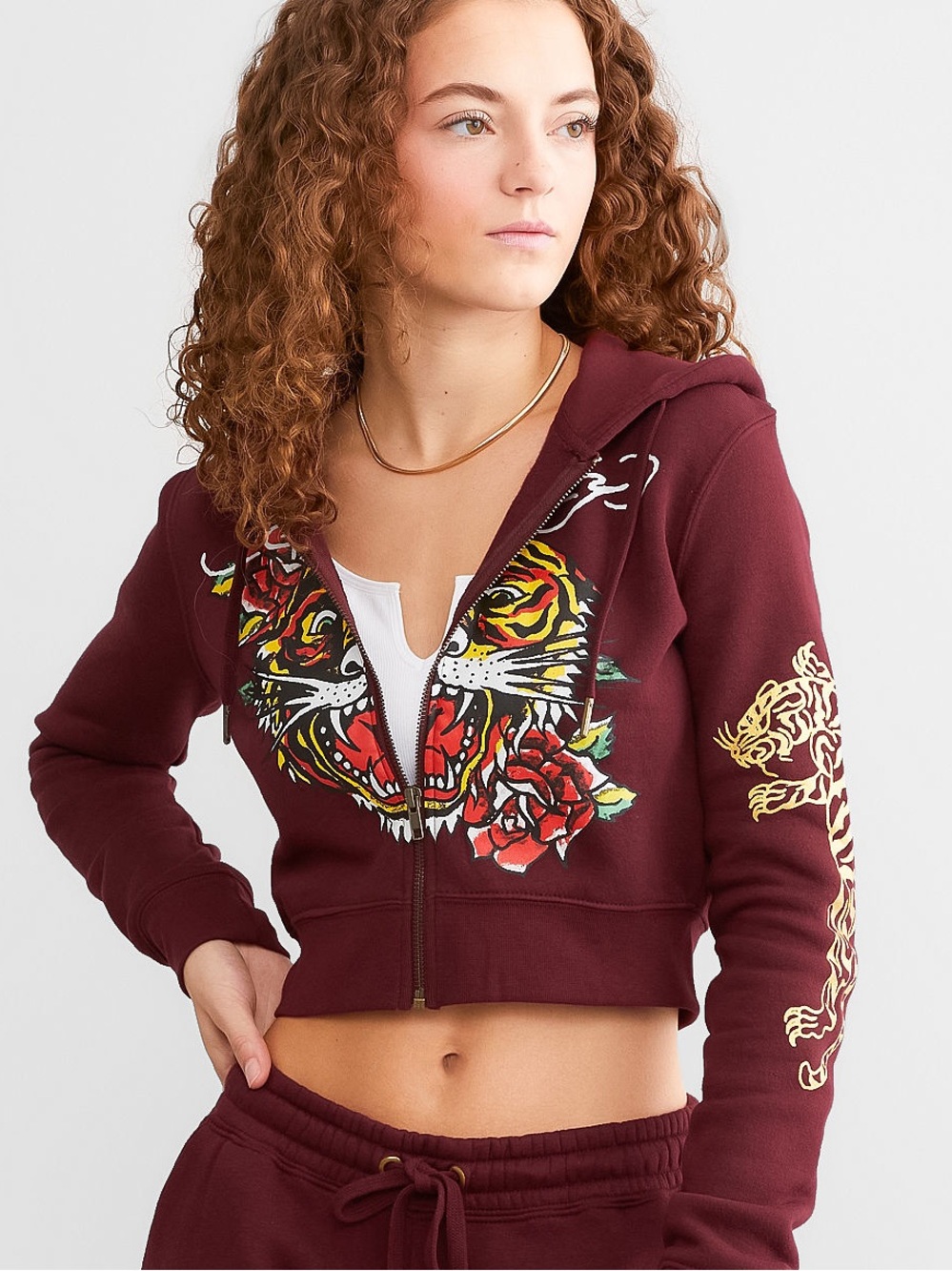 Ed Hardy Retro Tiger Cropped Hoodie Sangria Womens Sz. M